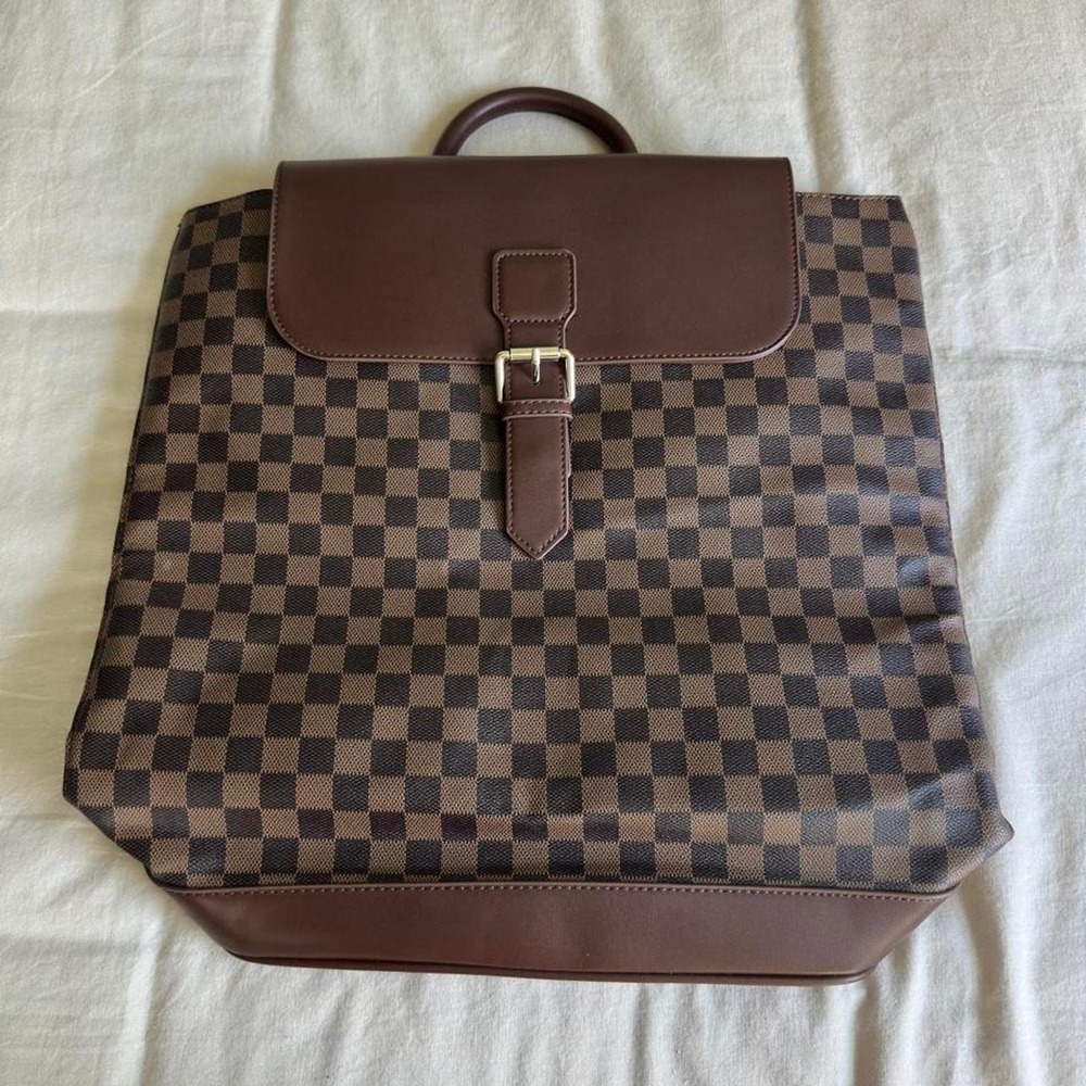 Target Brown Black Checkered Backpack Red Lined Preppy Back to School Bag Tote